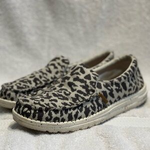 Hey Dude Leopard-Pattern Misty Woven Cheetah Black and Cream Casual Shoe, Size 9